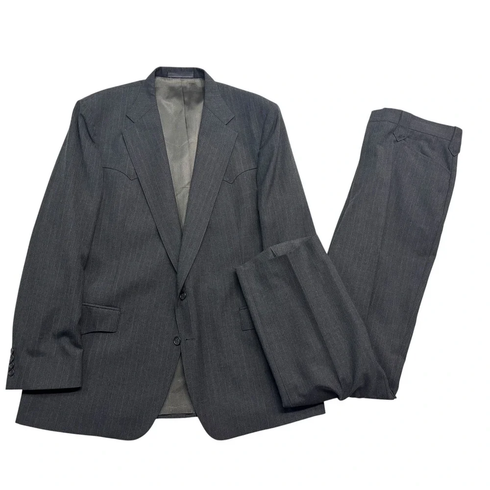 vtg Western 48L 36x32 Gray Pinstripe 2pc Pant Suit USA Made Cowboy Rodeo Mens